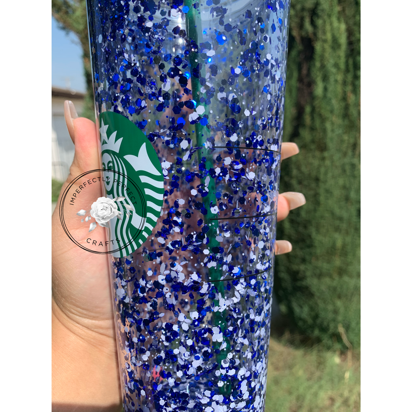 Royal Blue, White, and Silver Snowglobe Glitter Tumbler 24oz