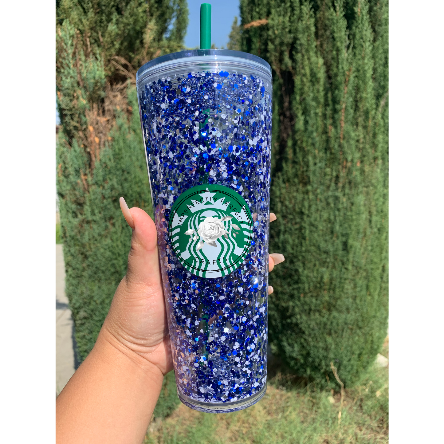 Royal Blue, White, and Silver Snowglobe Glitter Tumbler 24oz